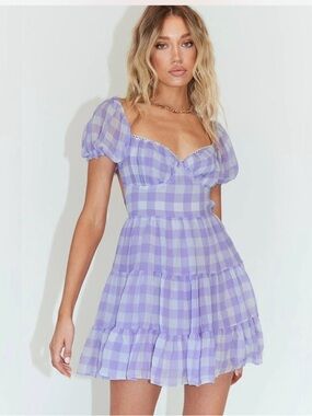 Princess Polly Lavender Gingham Puff-Sleeve Mini Dress